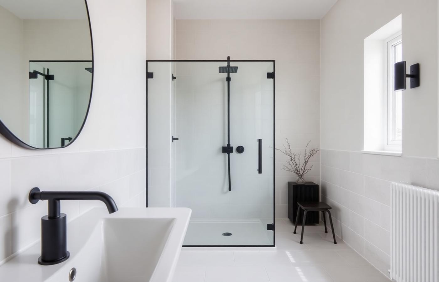 Nieuwe badkamer met inloopdouche en zwarte kranen