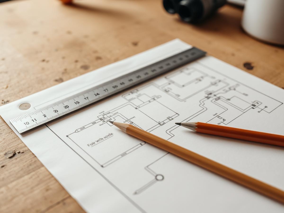 Installatietekening met potlood en liniaal op een werkbank